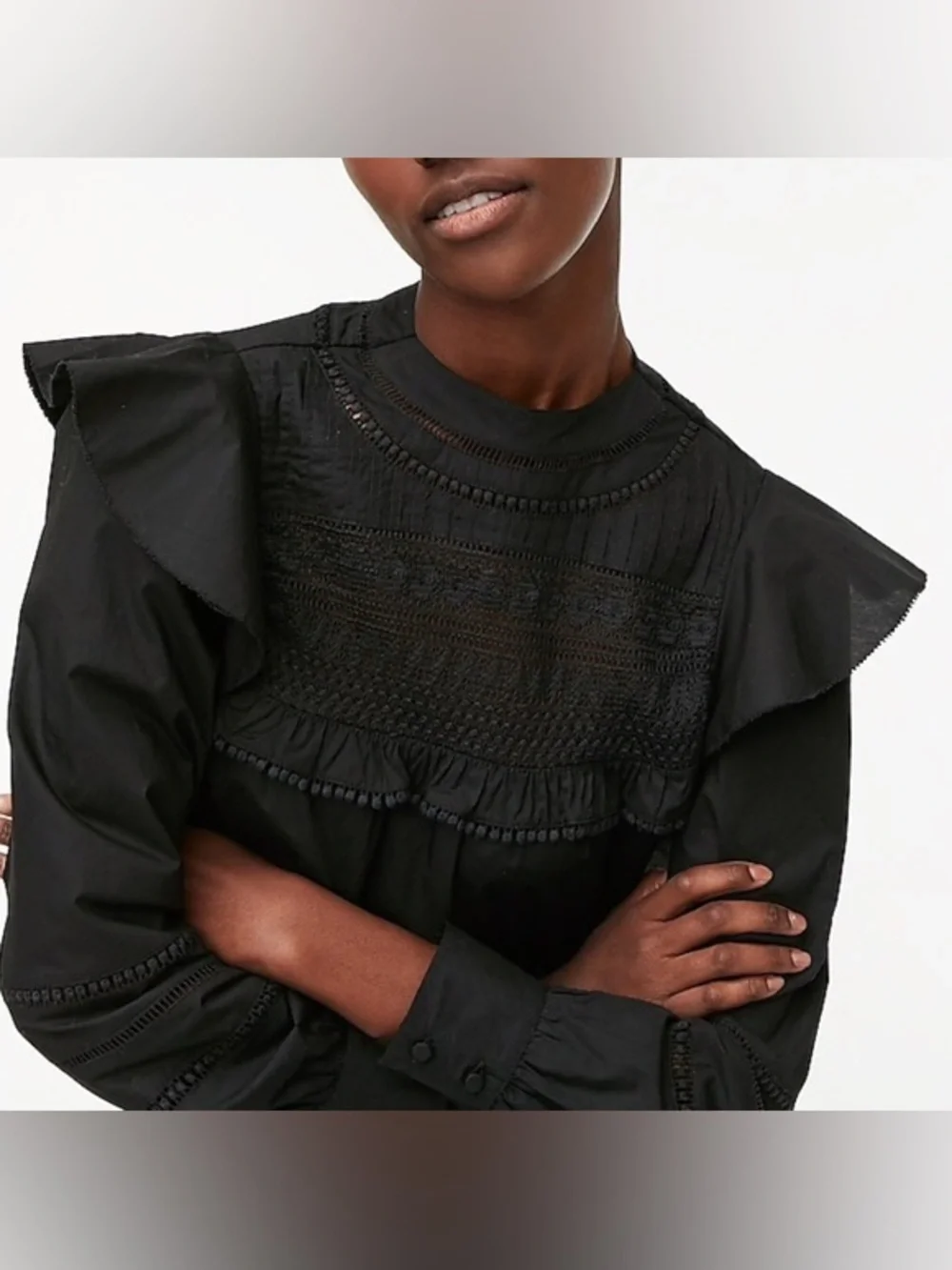 J.Crew Black Crocheted Lace Ruffle Top Victorian Gothic Whimsigoth Blouse M NWT